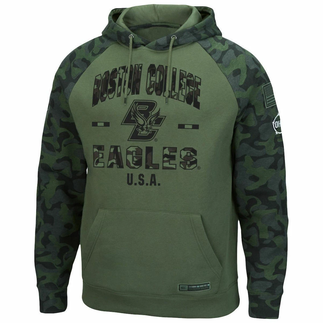 Colosseum Men's Olive/Camo Boston College Eagles OHT Military Appreciation Raglan Pullover Hoodie 5 Colosseum Men's Olive/Camo Boston College Eagles OHT Military Appreciation Raglan Pullover Hoodie - Image 3