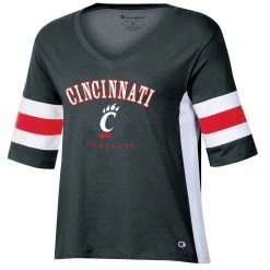 Champion Women's Black Cincinnati Bearcats Colorblocked V-Neck Half Sleeve T-Shirt -Colosseum Store DSCO1148315398 1007 ALT2